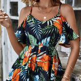 Ladies' Tropical Floral Print Jumpsuit | Off-Shoulder Camisole with Lotus Leaf Sleeves & Hanging Pleats