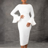 Fashion Solid Color Sheath Bell Sleeve OL African Dress