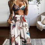 Women's Feather Printed Black Strap Pants Set | Sexy Vacation Outfit