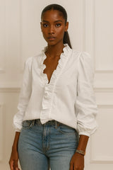 White ruffle trim blouse with long sleeves – chic women’s fashion top