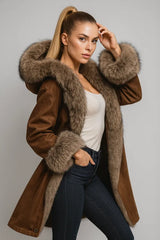 Women's luxury brown coat with faux fur trim and hood - stylish winter outerwear