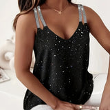 Ladies' V-Neck Sequined Shoulder Strap Tank Top – Solid Color, Fashionable & Elegant