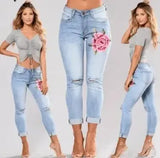 Blue low waist pencil Ripped embroidery jeans woman Stretch-1