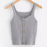 Ribbed Knit Tank Top with Button Detail-Grey-1