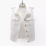 Women's Sleeveless Distressed Denim Vest-White-1