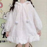 Fleece Hooded Cape with Pom-Pom Ties-White-1