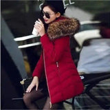 Mid-length slim cotton jacket large fur collar down jacket-Wine red-1