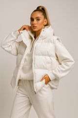Women's white puffer vest with hood and casual loungewear set
