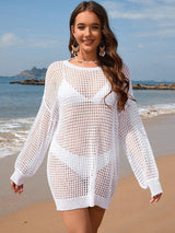 Backless Boat Neck Long Sleeve Cover Up-White-1