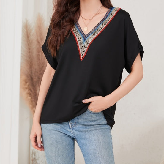 Women’s Loose Fit Lace V-Neck Short Sleeve Top | Breathable Casual Shirt