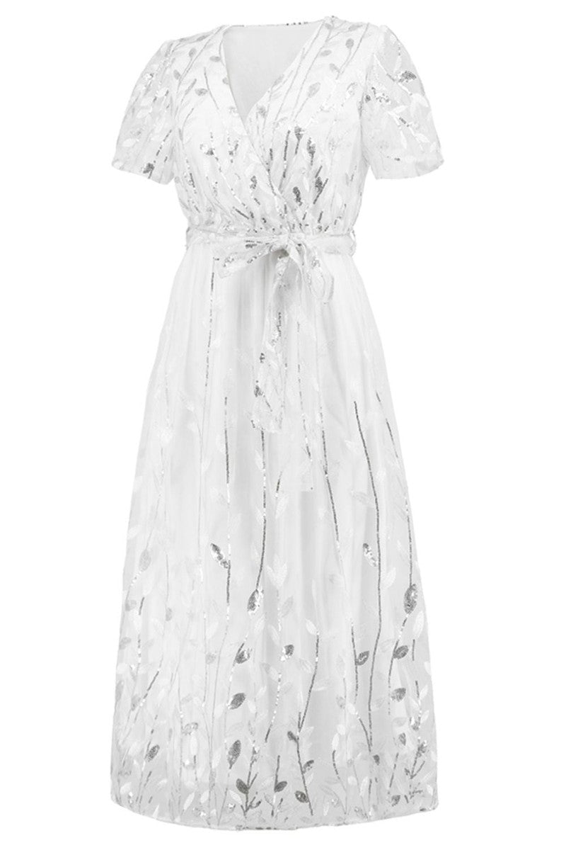 Sequin Leaf Embroidery Tie Front Short Sleeve Dress-13