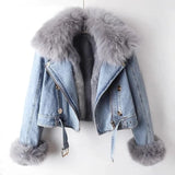 Faux Fur Denim Jacket – Chic and Cozy Winter Glam-Blue-1