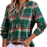 Plaid V-Neck Button Down Blouse