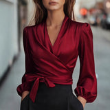 Satin V-Neck Tie Waist Blouse