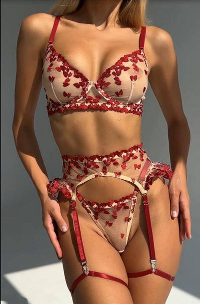 4 PCs Set Love Embroidered Lingerie Bra-6