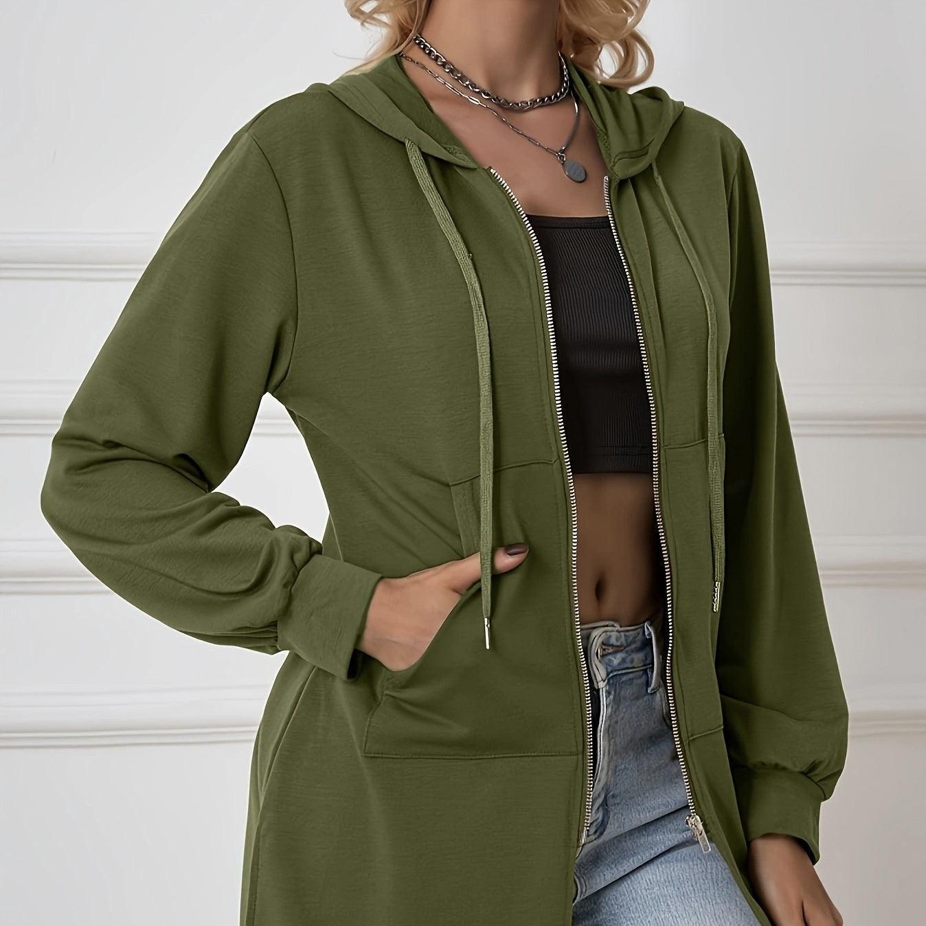 Women's Military Green Hooded Sweatshirt – Lightweight Zipper Jacket with Drawstring for Casual Sporty Style