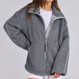 Winter Lapel Zip-Up Fleece Coat – Casual Solid Color Jacket with Pockets | Cozy Long-Sleeve Outerwear for Women-Gray-1