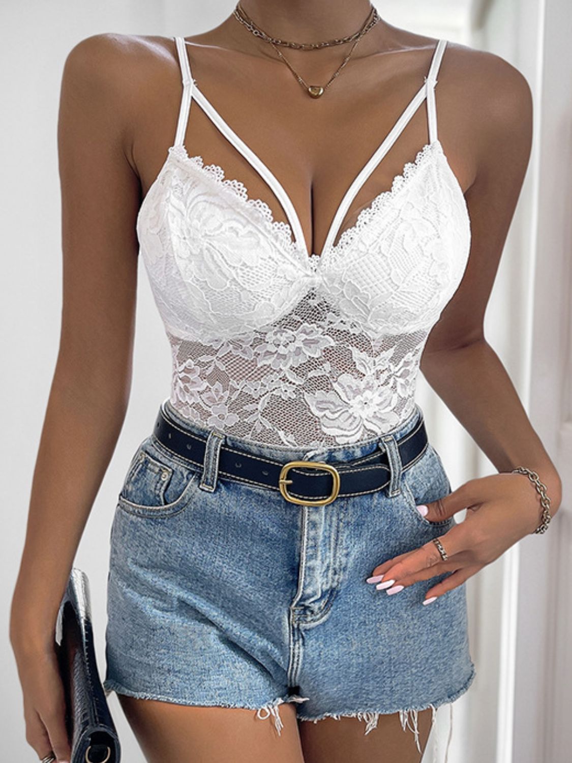 Perfee Spaghetti Strap Lace Bodysuit