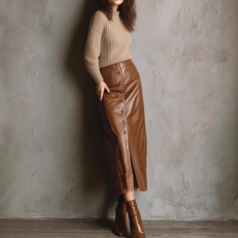 Faux Leather High Waist Midi Skirt