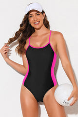 Contrast Spaghetti Strap One-Piece Swimsuit-Hot Pink-1