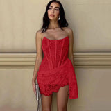 Elegant White Lace Strapless Mini Dress-Red-2