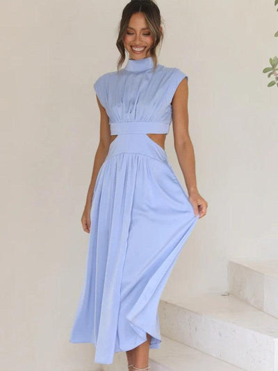 Cutout Mock Neck Sleeveless Ruched Dress