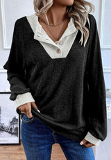 Contrast Quarter Button Round Neck Long Sleeve Top-Black-1