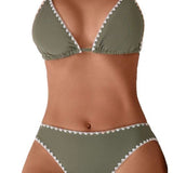 Solid-color Floral-print Halter-style Two-piece Swimsuit