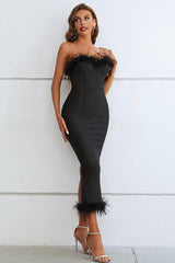 Feather Trim Strapless Sweetheart Neck Dress-5