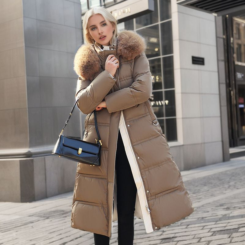 Chic Fur-Hooded Winter Belted Coat