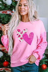 Valentine’s Day Sequin Heart Long Sleeve Sweatshirt-Fuchsia Pink-1