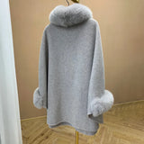 New Fashion Camel Color Big Cape Woolen Real Fox Fur Collar Poncho Luxurious Winter Shawl with Fur Cuffs