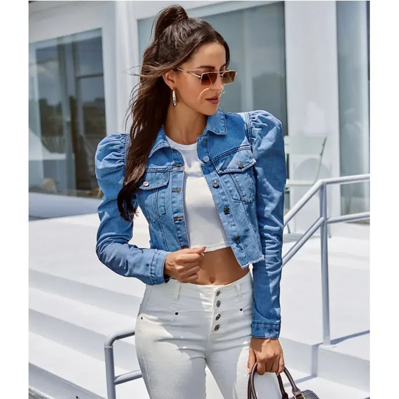 Puff-Sleeve Cropped Denim Jacket for Women-Dark blue-2