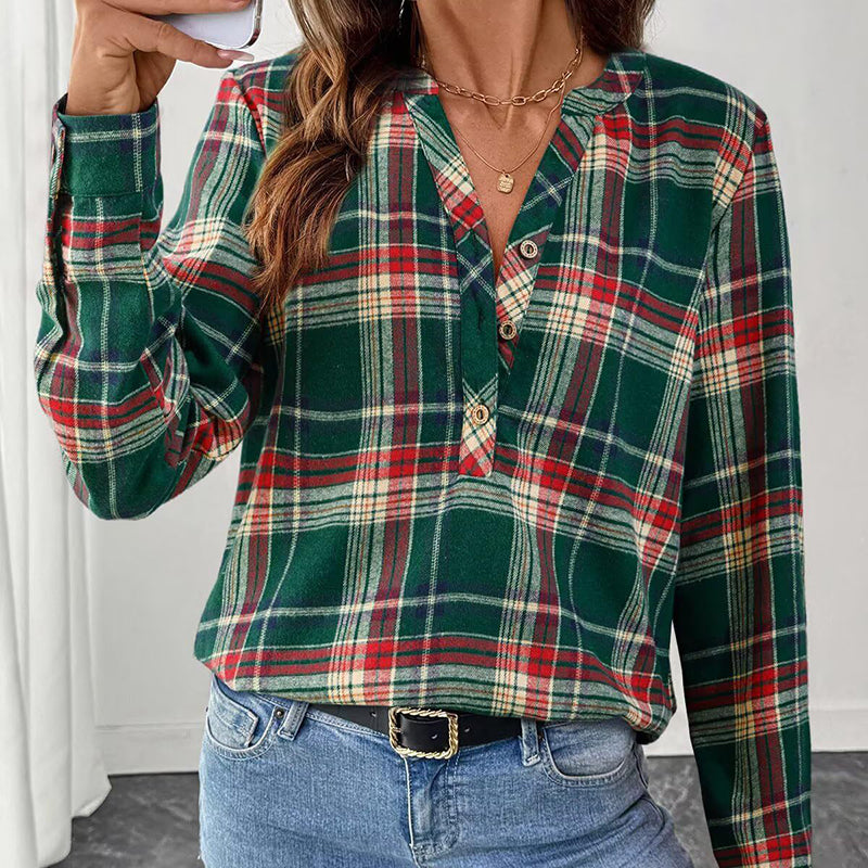 Plaid V-Neck Button Down Blouse