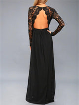 Lace Detail Backless Long Sleeve Maxi Dress-3