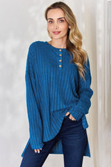 Basic Bae Full Size Ribbed Half Button Long Sleeve High-Low T-Shirt-Sky Blue-1