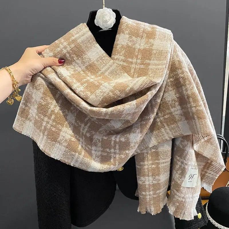 Cashmere Scarf Women's Check Thickened-Khaki-2