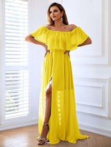 Off-Shoulder Layered Split Maxi Dress-Yellow-1