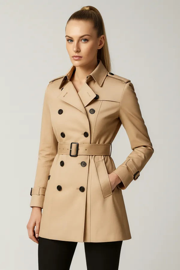 Classic beige trench coat for women - double breasted belted short outerwear