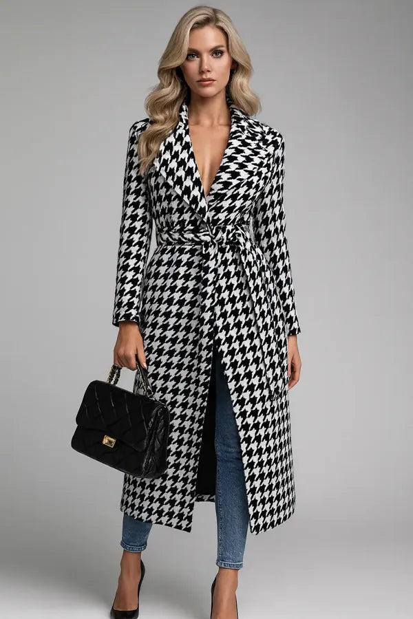 Long houndstooth belted coat for women in black and white – classic elegant outerwear
