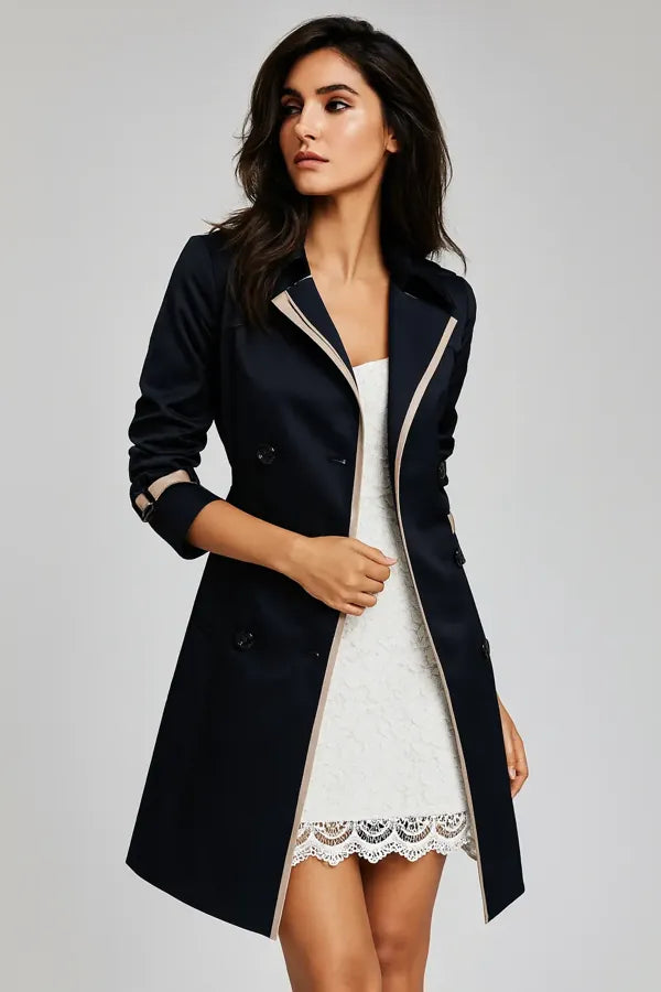 Elegant navy blue trench coat for women with beige trim – chic tailored outerwear
