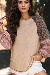 Plaid Floral Patchwork Round Neck Long Sleeve Top-Dust Storm-1