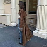 Women's Double-Breasted Suede Coat – Vintage Long Winter Trench with Belt-5