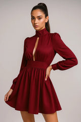Elegant burgundy mini dress with long sleeves and high neckline for women