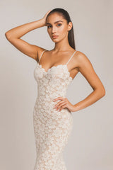 Elegant white lace evening dress with thin straps