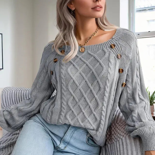 Women’s grey cable-knit sweater with button accents – warm casual pullover