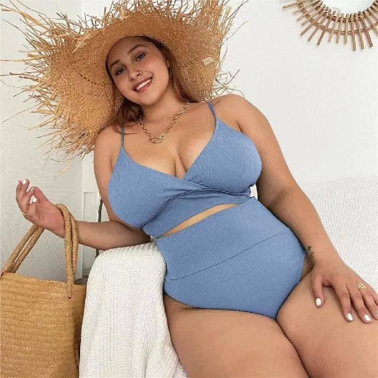 High Waist Solid Color Plus Size Swimsuit Bandage-Blue-1