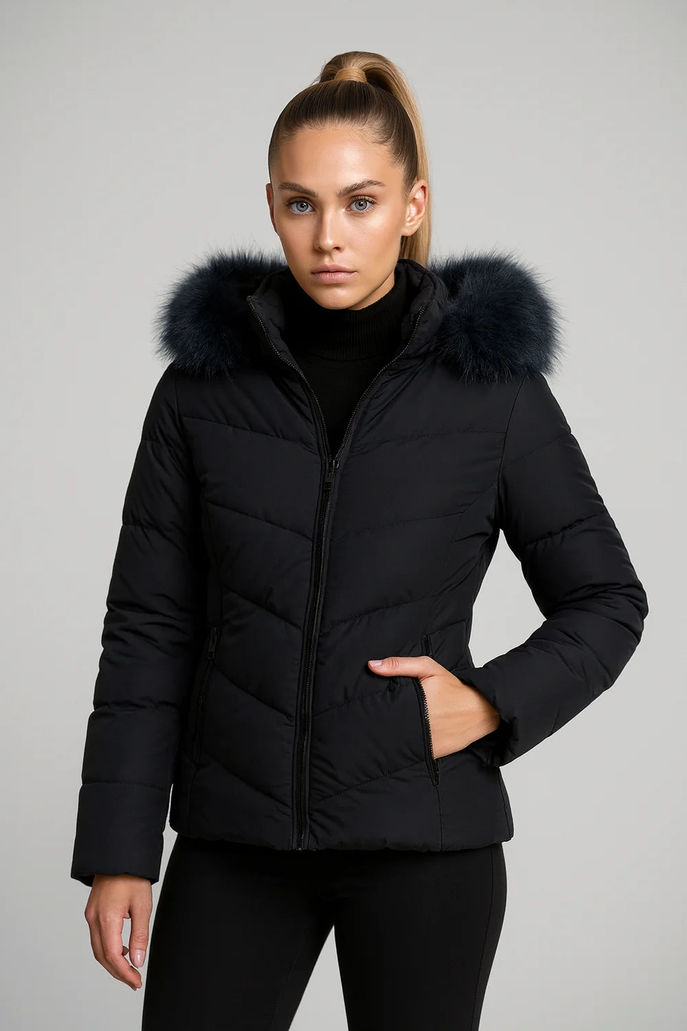 Women's black puffer jacket with faux fur hood - short winter coat