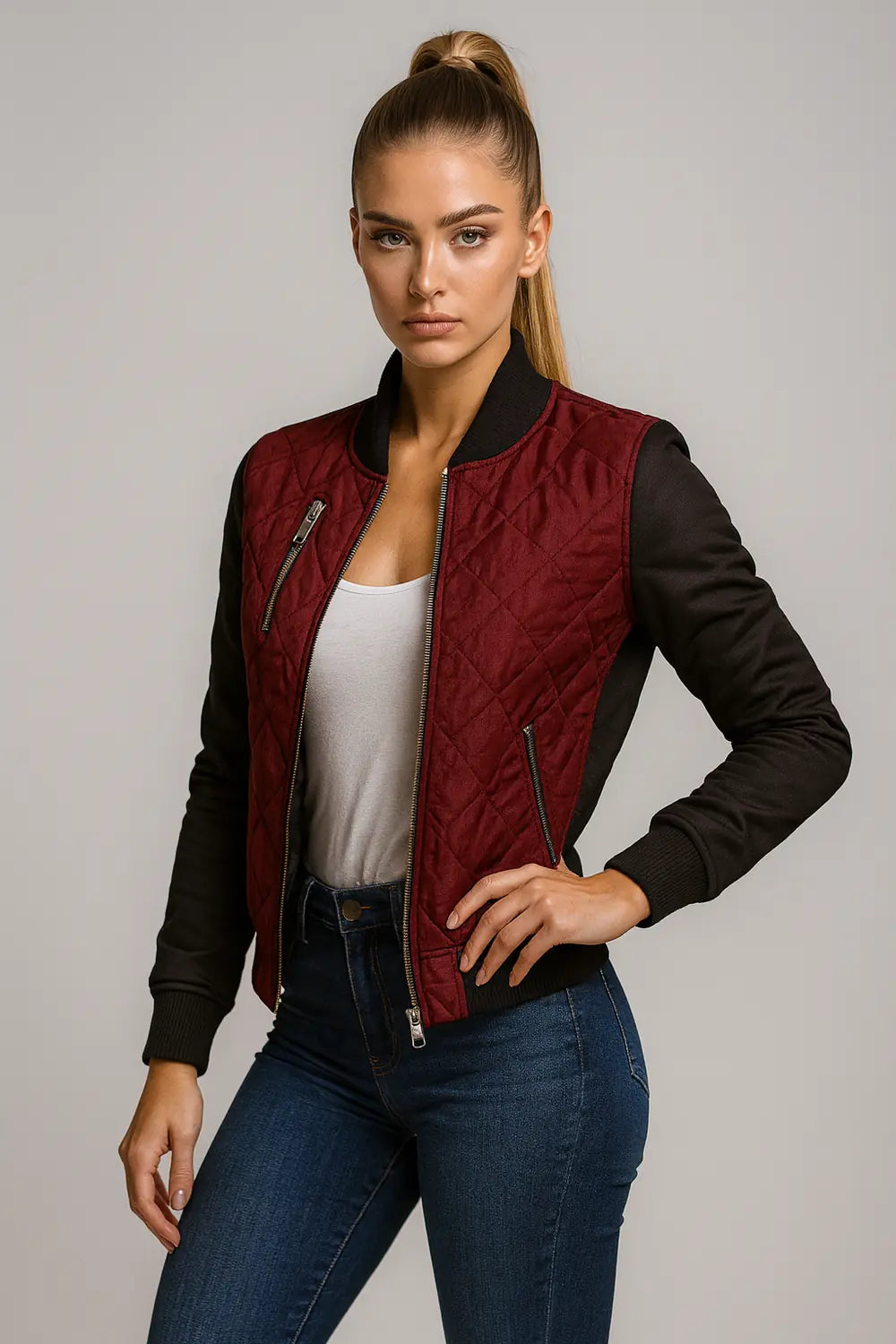 Women's burgundy quilted bomber jacket with black sleeves – sporty chic style