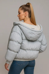 Back view of white lamb fleece puffer jacket with hood, casual winter style
